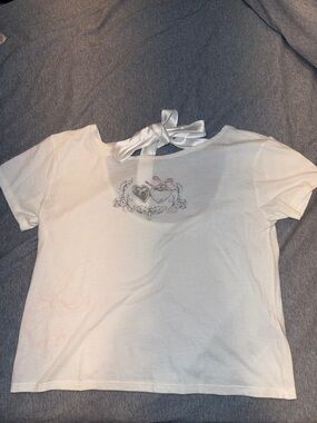 White Short-Sleeve Tee with Heart Motif and Satin Back Bow